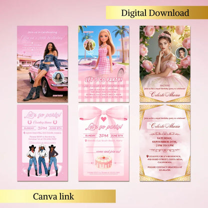 Variety of pink birthday card designs (cowgirl, Barbie, royal princess themes), editable Canva templates, instant digital download, 10x15cm size