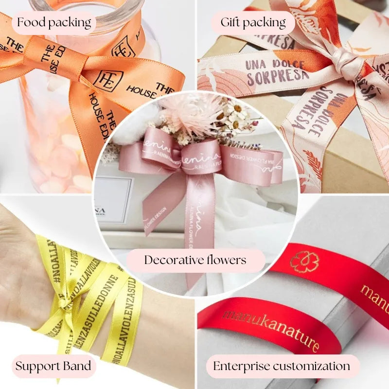 Custom printed ribbon use cases: includes food packaging, gift wrapping, decorative flower accents, support bands, and enterprise branding (e.g., "THE HOUSE ED" and "Una Dolce Sorpresa").