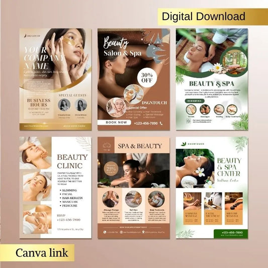 Multi-style beauty & spa flyer templates (digital printable): Luxury clinic, discount offer designs with Canva edit link