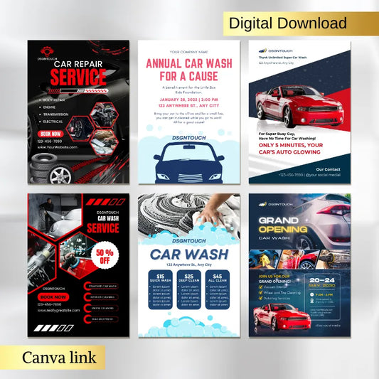 Multi-style car service flyer templates (Canva link included): Car repair, charity car wash & grand opening designs