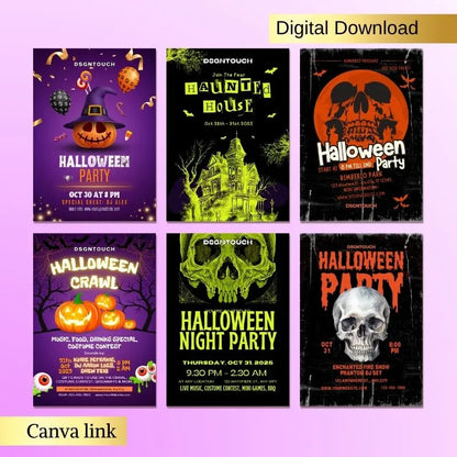 Multi-style Halloween flyer templates (digital download): Pumpkin, haunted house, and skull designs with Canva edit link included