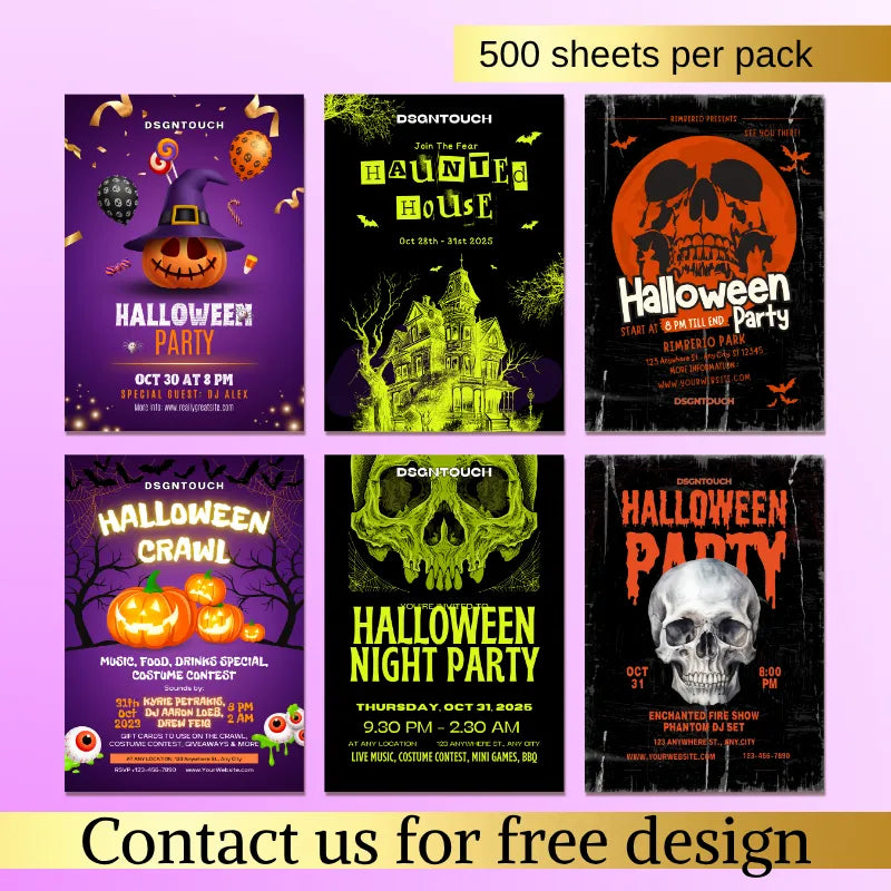Multi-style Halloween party flyer templates (500 sheets per pack): Haunted house, skull, and pumpkin designs with free design option