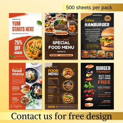 Multi-style restaurant menu flyer templates (500 sheets per pack): Food promotion, special menu & burger designs