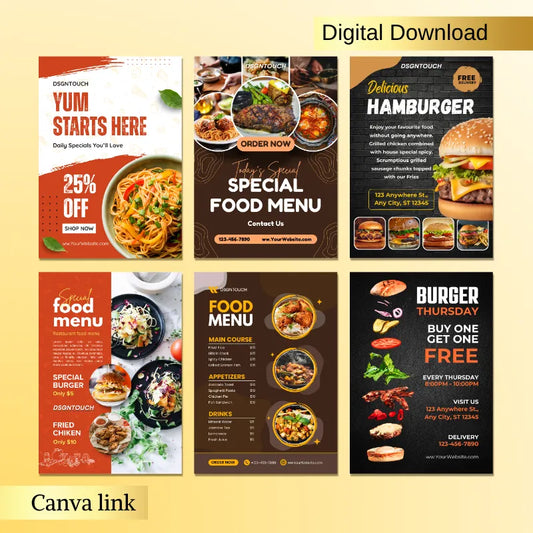 Multi-style restaurant menu flyer templates (digital download): Food promotion, special menu & burger designs with Canva edit link included