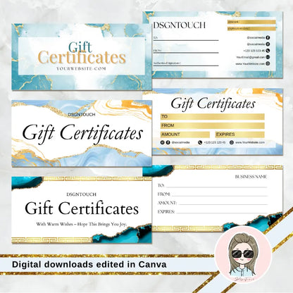 Multi-style watercolor digital gift card templates: Customizable blue/orange designs (watercolor gift ideas, Canva-editable, digital download)