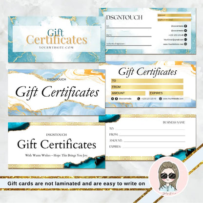 Multi-style watercolor gift card templates by DSGNTOUCH: Blue/gold/orange designs 