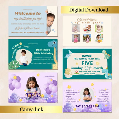 Preview of multiple kids' birthday invitation card design examples and template styles.