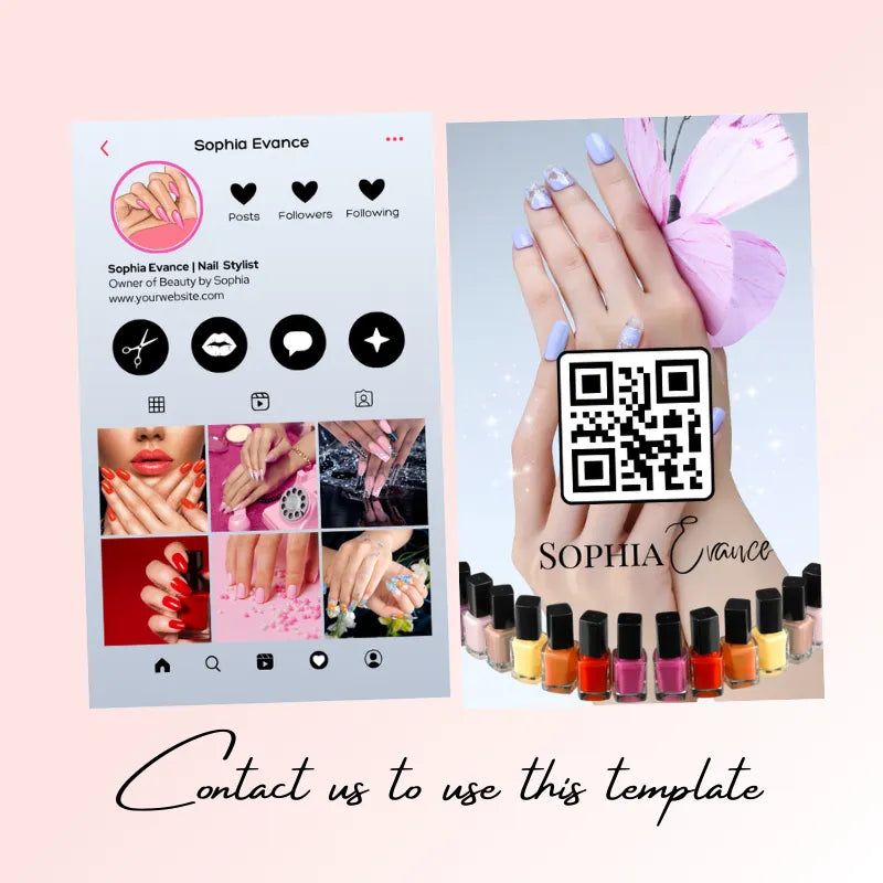 Nail art stylist template (Instagram profile + business card): features nail art portfolio, QR code, and nail polish visuals; text "Contact us to use this template".