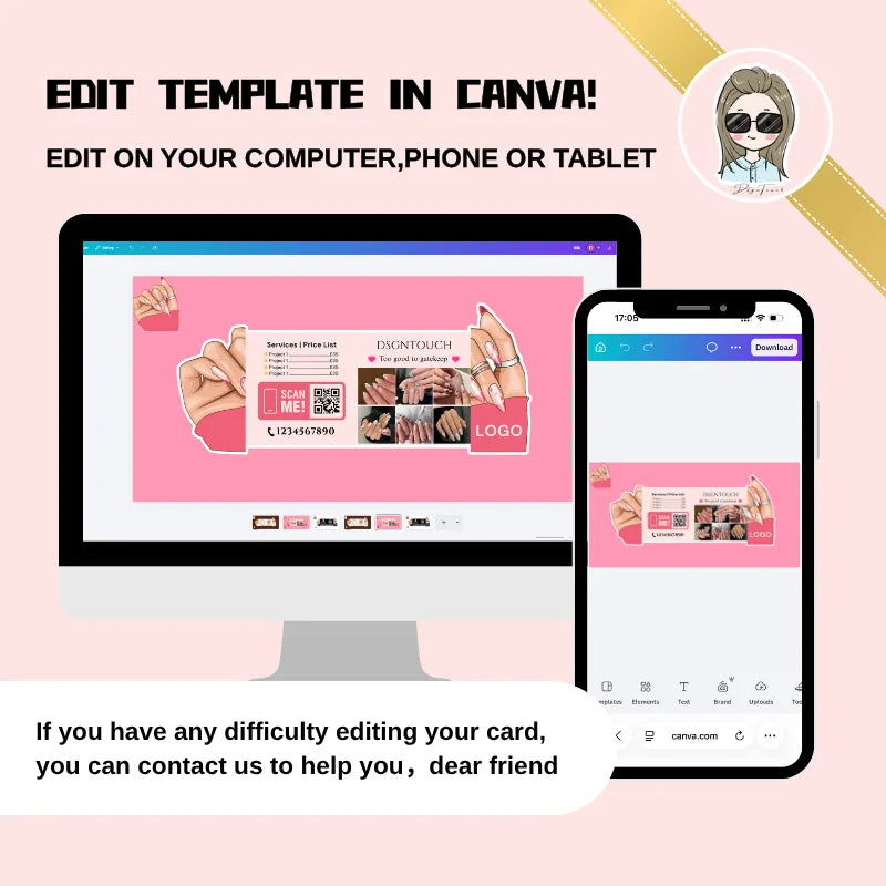 Hand-shaped nail business card template displayed in Canva on a desktop computer and smartphone.