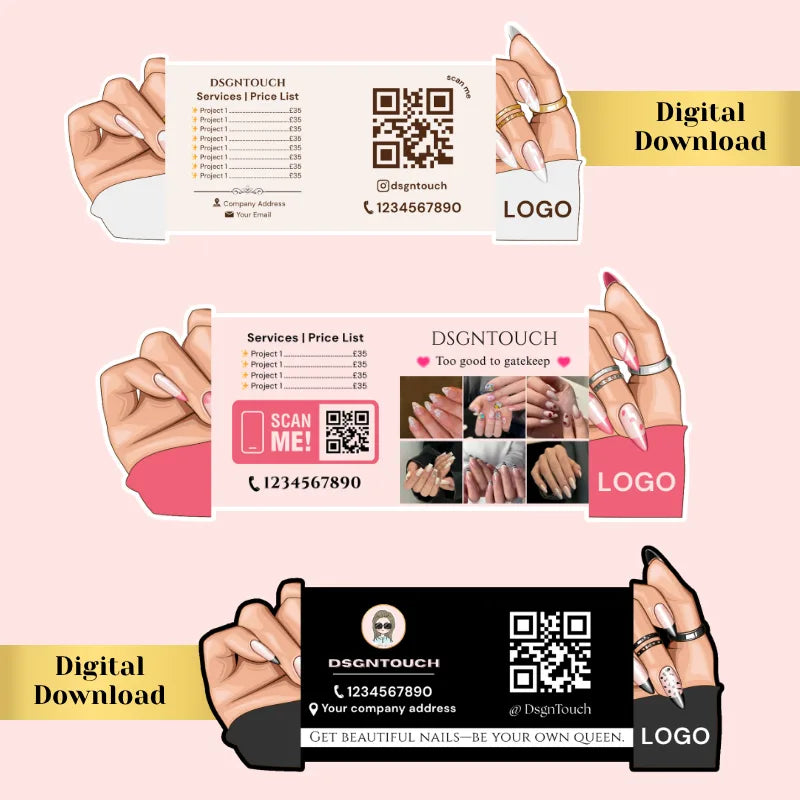 
Three nail business card design previews in cream, pink, and black, framed by illustrated manicured hands.