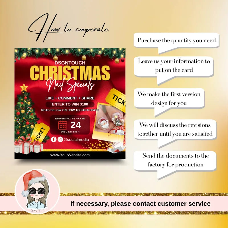 Promotional image for DSGNTOUCH Christmas Nail Specials with details on how to cooperate for purchasing and designs.
