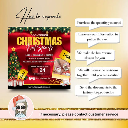 Promotional image for DSGNTOUCH Christmas Nail Specials with details on how to cooperate for purchasing and designs.