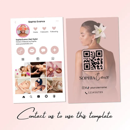 Nail stylist/spa template (Instagram profile + business card): includes spa service portfolio, QR code, and contact details; text "Contact us to use this template".