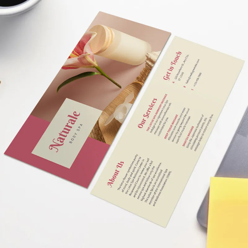 Naturale Body Spa service brochure template (rose & cream design): features "About Us" details, massage service descriptions, and business contact information.
