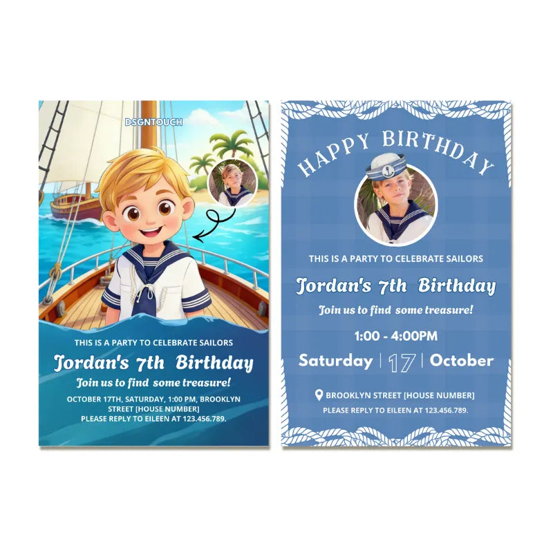 Birthday Card Kid custom nautical theme for Jordan's 7th birthday celebration featuring a cartoon sailor design.