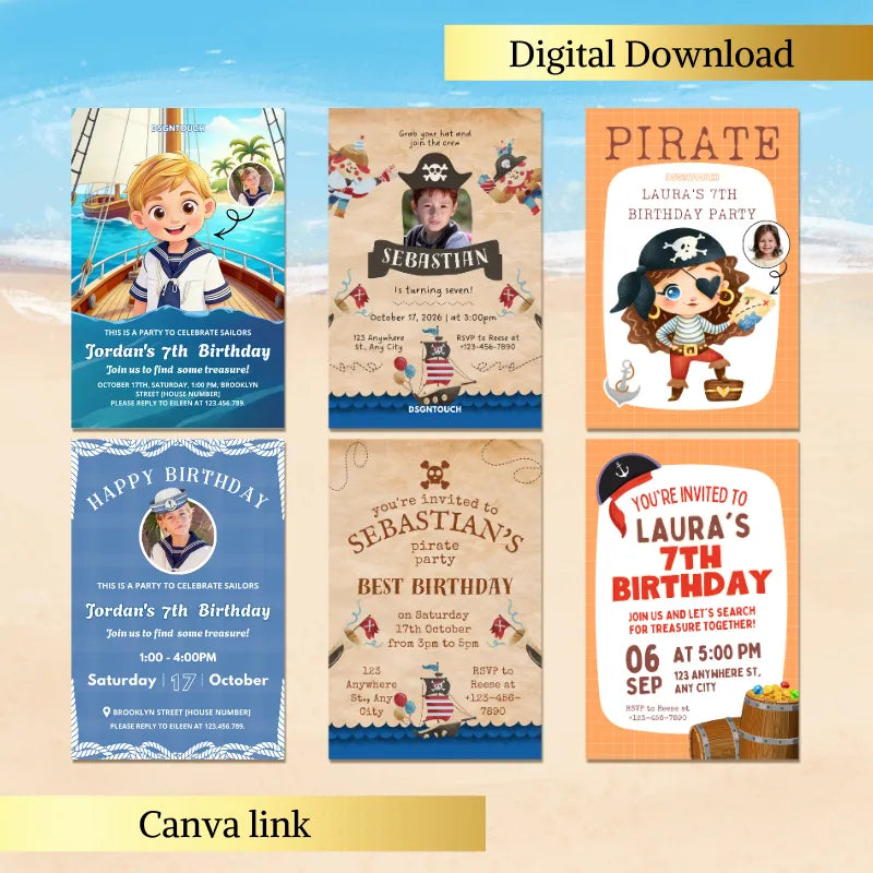 Personalized nautical birthday invitation templates for kids. Preview of pirate and sailor themed designs for a child's birthday party.