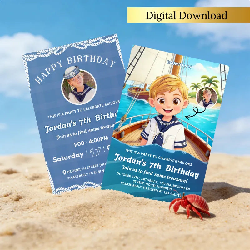  Nautical pirate birthday invitation design for a child's party. Features a customizable sailor-themed cartoon and event details.