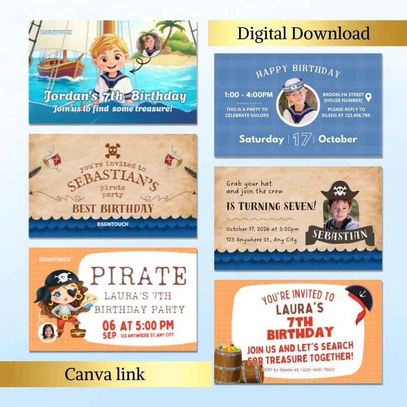 Preview of a customizable Sailor & Pirate Nautical Birthday party invitation digital template. Features multiple layout examples for a kids' nautical theme party.