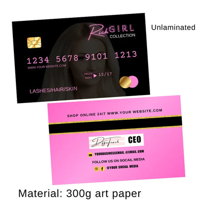 Neon pink "Rich Girl Collection" beauty VIP loyalty card: unlaminated (300g art paper), covers lashes/hair/skin services, with 24/7 online shop link.