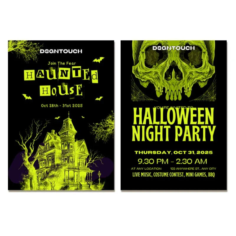 Neon green Halloween flyer templates: Haunted house & skull-themed night party designs for October 2025 events