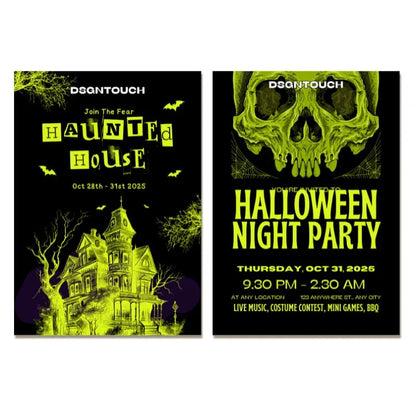 Neon green Halloween flyer templates: Haunted house & skull-themed night party designs for October 2025 events