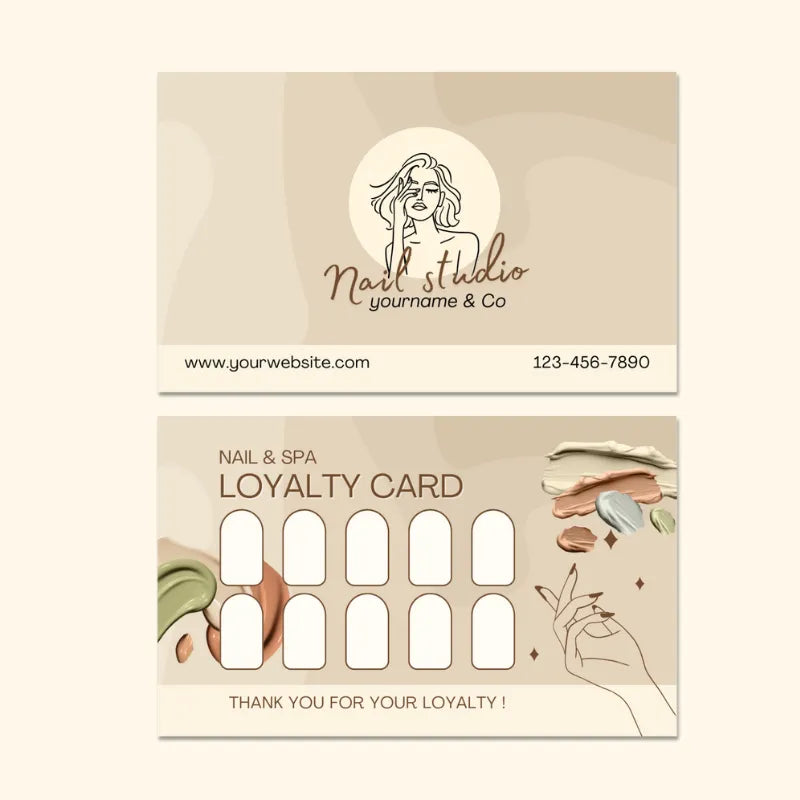 Nail studio loyalty card template: neutral beige design with nail art visuals, stamp slots, and "THANK YOU FOR YOUR LOYALTY" message.