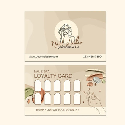 Nail studio loyalty card template: neutral beige design with nail art visuals, stamp slots, and "THANK YOU FOR YOUR LOYALTY" message.