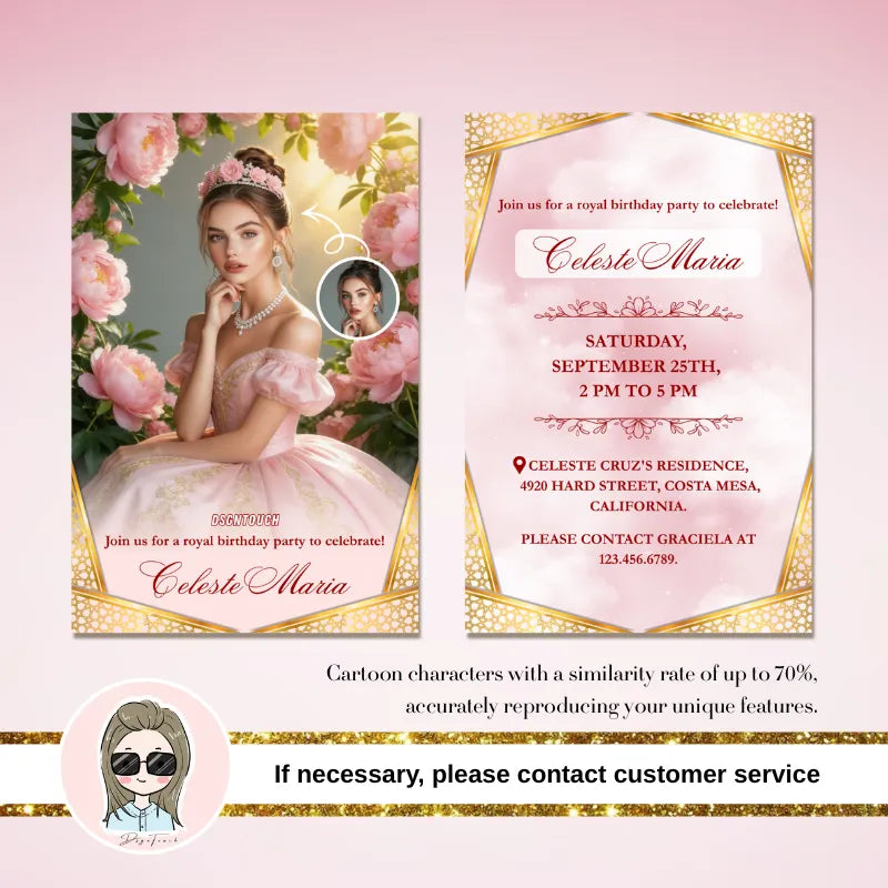 Royal princess pink birthday card invitation displayed on a soft background, up to 70% similarity cartoon character customization, 10x15cm size, 300g paper, free design template