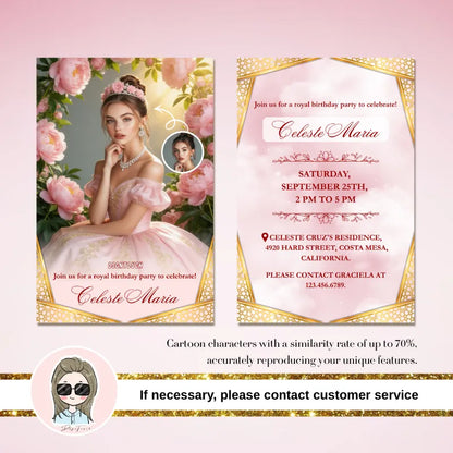 Royal princess pink birthday card invitation displayed on a soft background, up to 70% similarity cartoon character customization, 10x15cm size, 300g paper, free design template