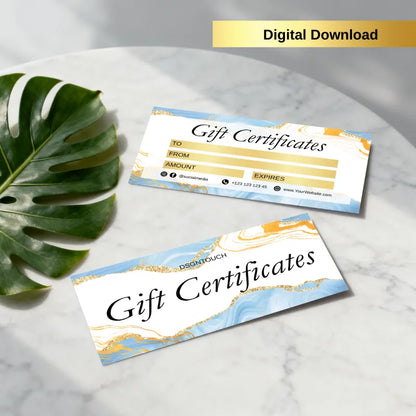Orange & gold watercolor digital gift card template: Customizable gift certificate with to/from/amount fields (digital download, watercolor gift idea)