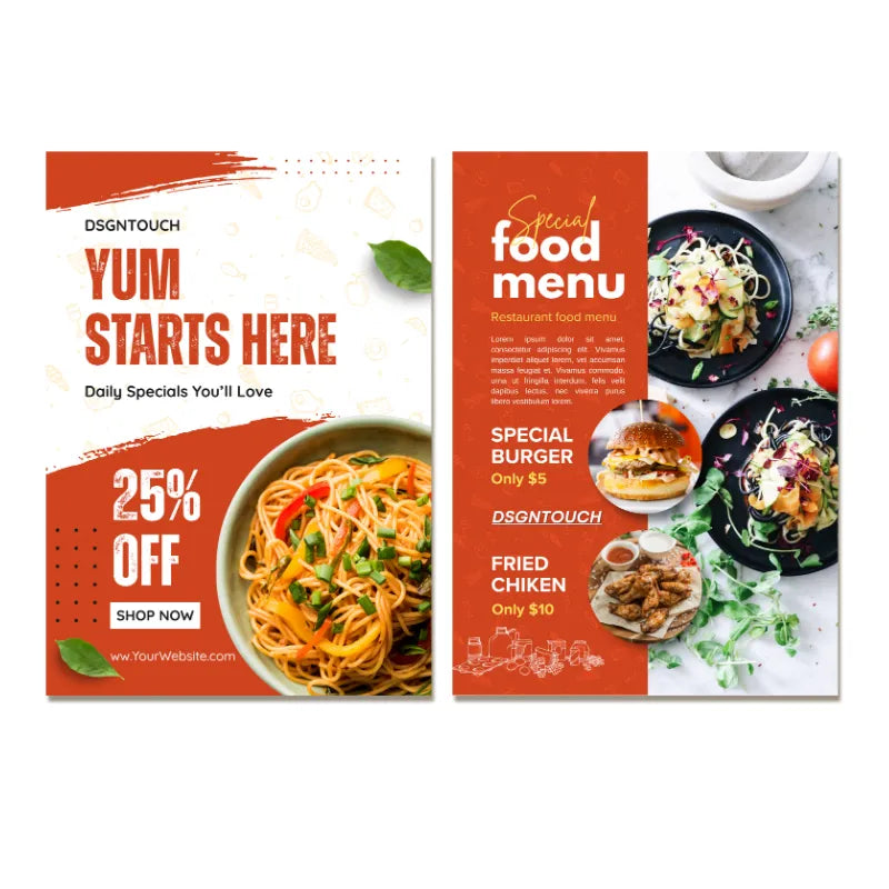Orange-red restaurant menu flyer template: Food promotion design with 25% off offer, spaghetti & burger pricing
