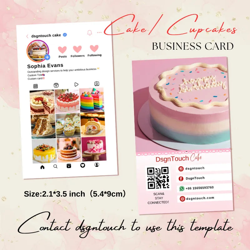 Pastel birthday cake-focused bakery template bundle (2.1x3.5 inch): Instagram profile mockup (displaying cake designs) + matching business card with QR code for social connection.