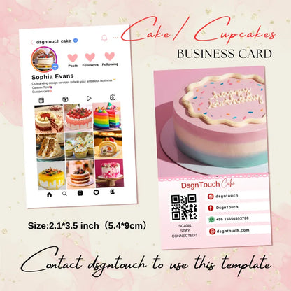 Pastel birthday cake-focused bakery template bundle (2.1x3.5 inch): Instagram profile mockup (displaying cake designs) + matching business card with QR code for social connection.