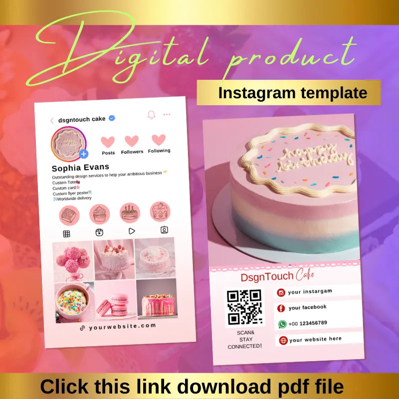 Pastel birthday cake bakery Instagram template (digital product): profile layout (with cake visuals) + QR code card; includes a link to download the PDF file.