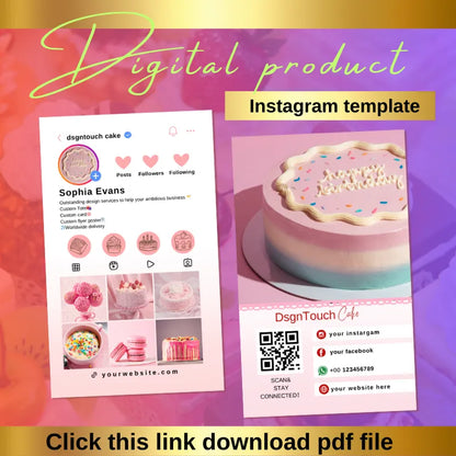 Pastel birthday cake bakery Instagram template (digital product): profile layout (with cake visuals) + QR code card; includes a link to download the PDF file.