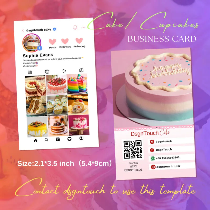 2.1x3.5 inch template set: Instagram profile mockup (showcasing cake/cupcake designs) + matching bakery business card with QR code for social connection, designed by DsgnTouch.