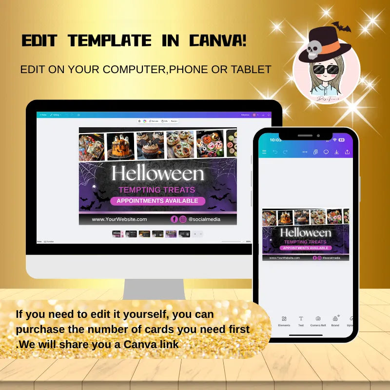 Halloween Cake Business Cards for Bakeries - 300GSM Gloss Laminated - DSGNTOUCH template on computer and phone in Canva