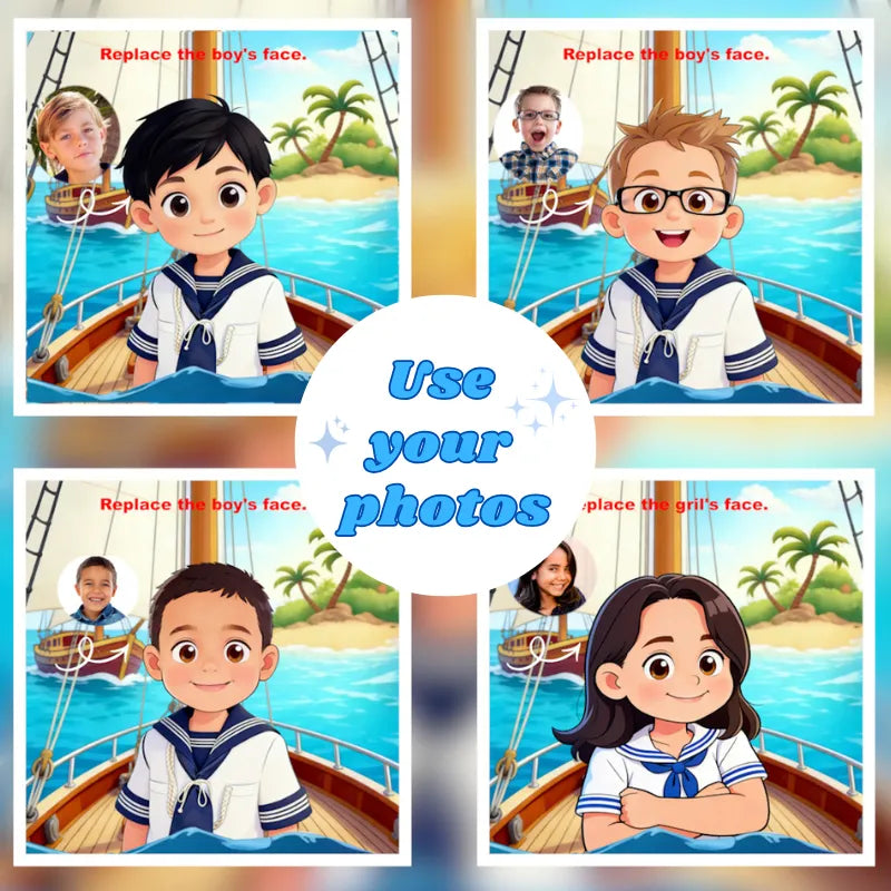 Easy personalization: Replace the boy or girl's face in this Nautical Birthday illustration with your child's photo for a custom cartoon portrait.