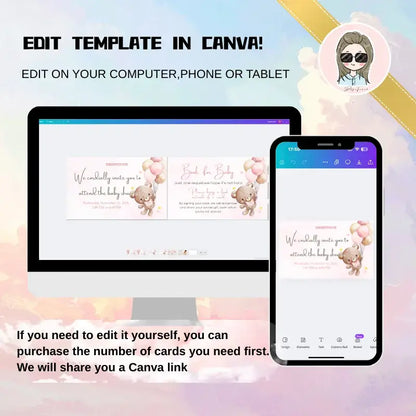 Printable Baby Shower Invitations template being edited on a computer and phone in Canva.