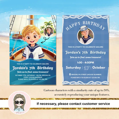 Birthday Card Kid custom nautical photo cartoon for Jordan's 7th birthday celebration.