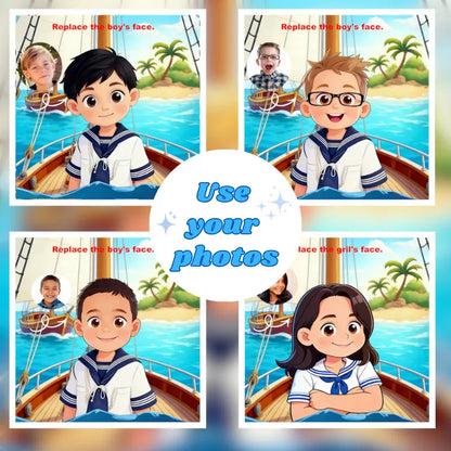 How to customize: Replace the cartoon child's face with your own photo to create a personalized nautical birthday invitation.