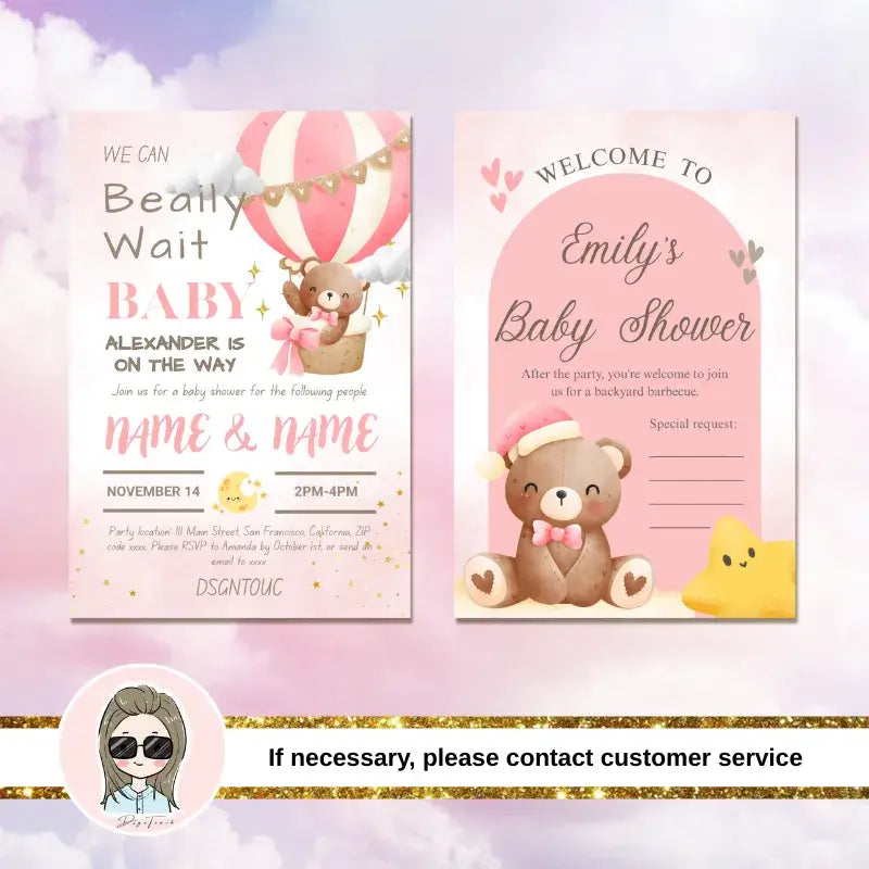 Pink Baby Shower Invitations featuring adorable teddy bears and balloons, perfect for celebrating a baby girl's arrival.