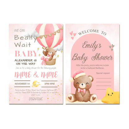 Pink Baby Shower Invitations featuring adorable teddy bears and hot air balloons, perfect for celebrating a baby girl.