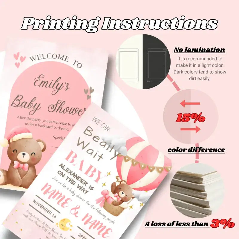 Printing instructions for Pink Baby Shower Invitations with color difference and lamination tips