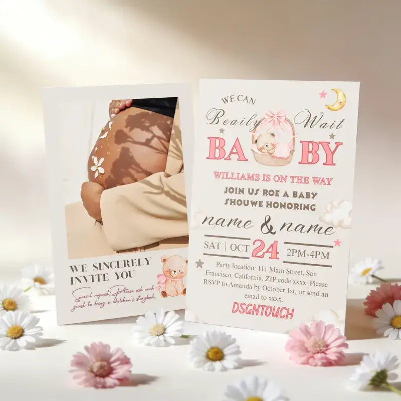 Pink Baby Shower Invitations featuring adorable designs and floral accents, perfect for celebrating a baby girl.