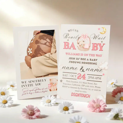 Pink Baby Shower Invitations featuring adorable designs and floral accents, perfect for celebrating a baby girl.