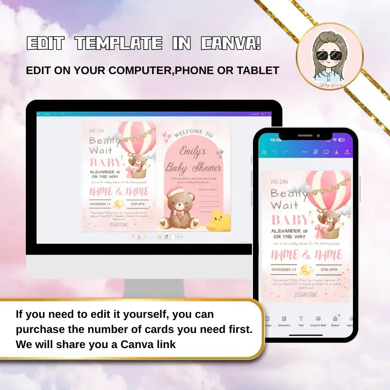 Pink Baby Shower Invitations editable template shown on computer and tablet in Canva, featuring cute teddy bear and balloon design.