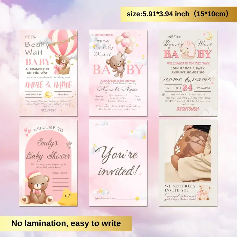 Pink Baby Shower Invitations showcasing cute teddy bear designs and colorful balloons, ideal for celebrating a baby girl.