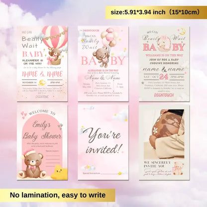 Pink Baby Shower Invitations showcasing cute teddy bear designs and colorful balloons, ideal for celebrating a baby girl.