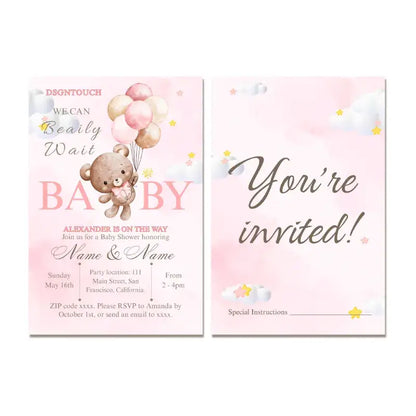Pink Baby Shower Invitations featuring a cute teddy bear and balloons, printed on high-quality card stock.